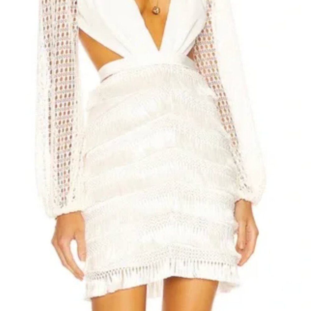 PatBO Cut-Out Fringe Mini Dress in White Size 2 SMALL long sleeve